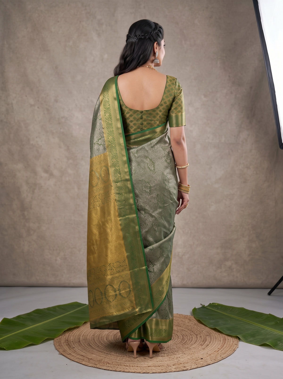 MIMOSA Bottle Green Kanjivaram Art Silk Saree — pose 2 styling detail