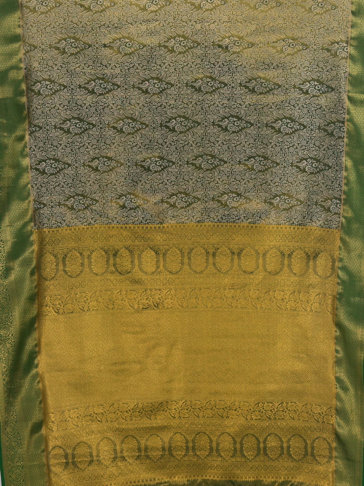 MIMOSA Bottle Green Kanjivaram Art Silk Saree — pallu and zari work detail