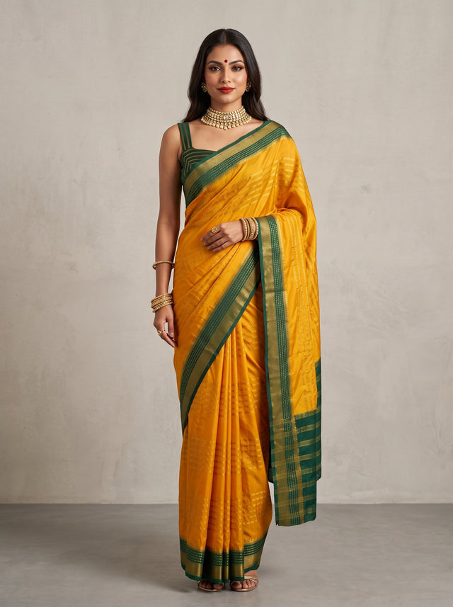 MIMOSA Mustard Mysore Silk Saree — front view on mannequin