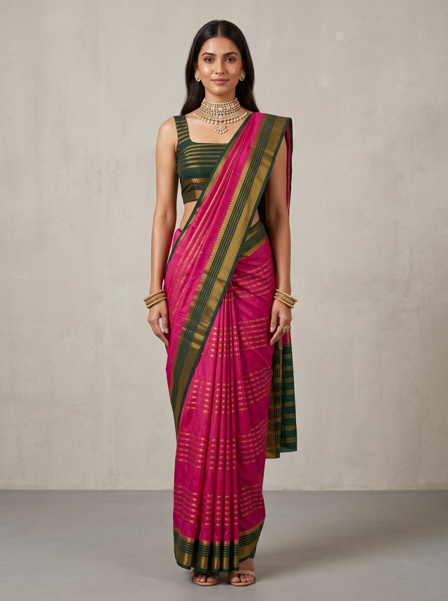 MIMOSA Strawberry Mysore Silk Saree — front view on mannequin