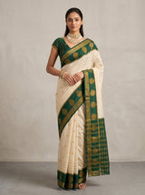 MIMOSA Half White Mysore Silk Saree — front view on mannequin
