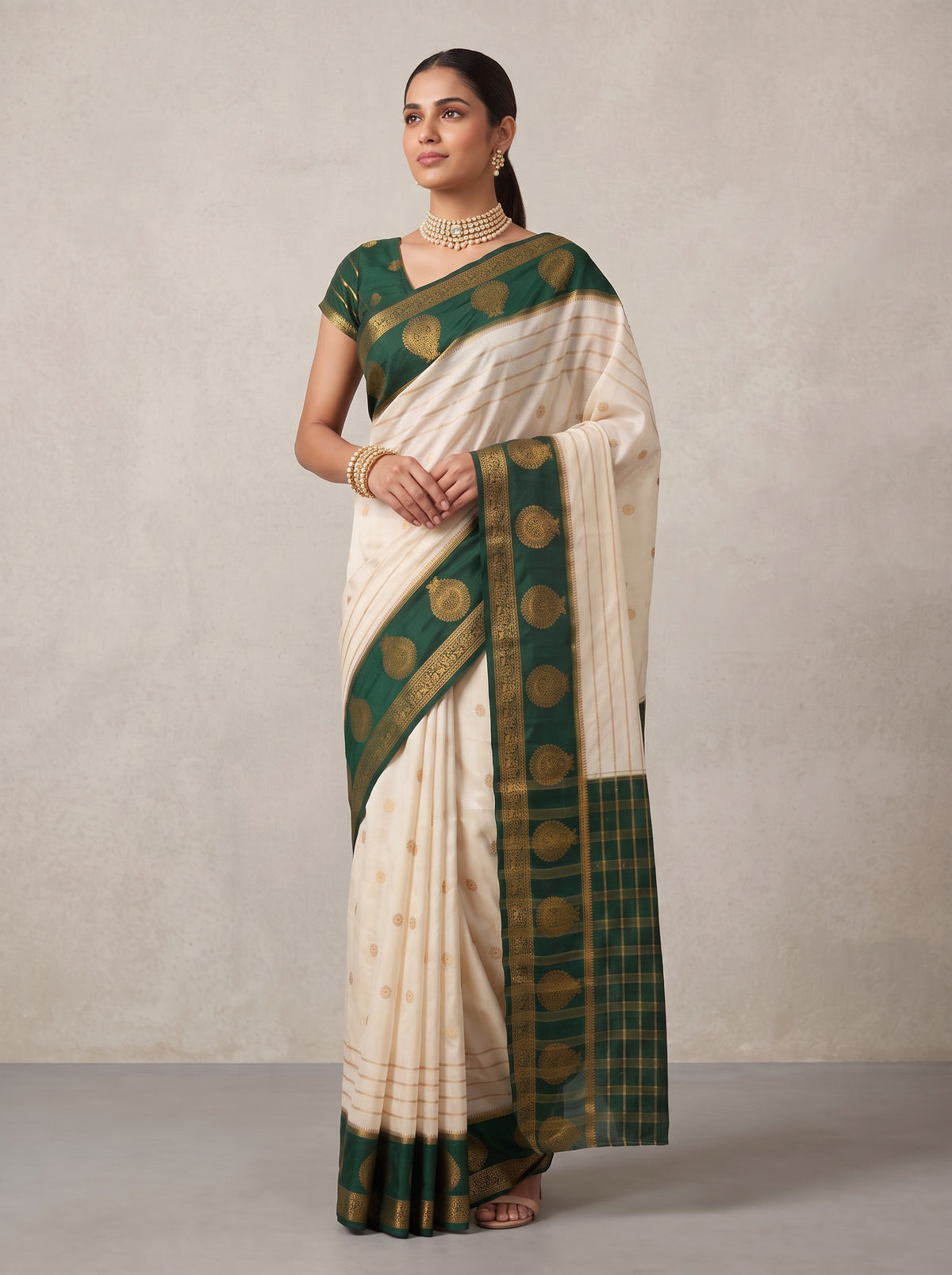 MIMOSA Half White Mysore Silk Saree — pose 5 styling detail