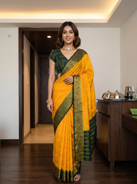 MIMOSA Gold Mysore Silk Crepe Saree — AI Model lifestyle pose 1