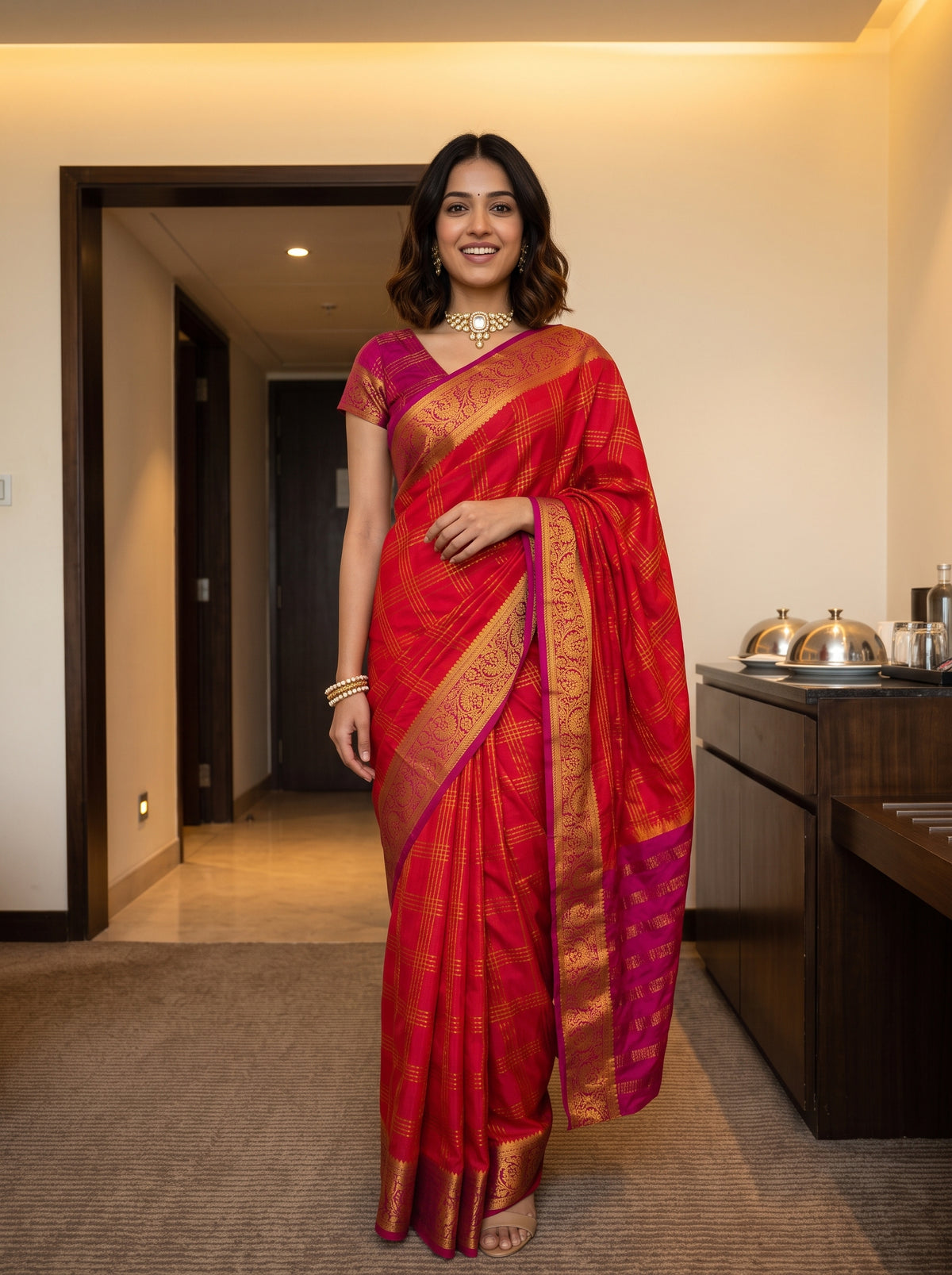 MIMOSA Orange Mysore Silk Crepe Saree — AI Model lifestyle pose 1