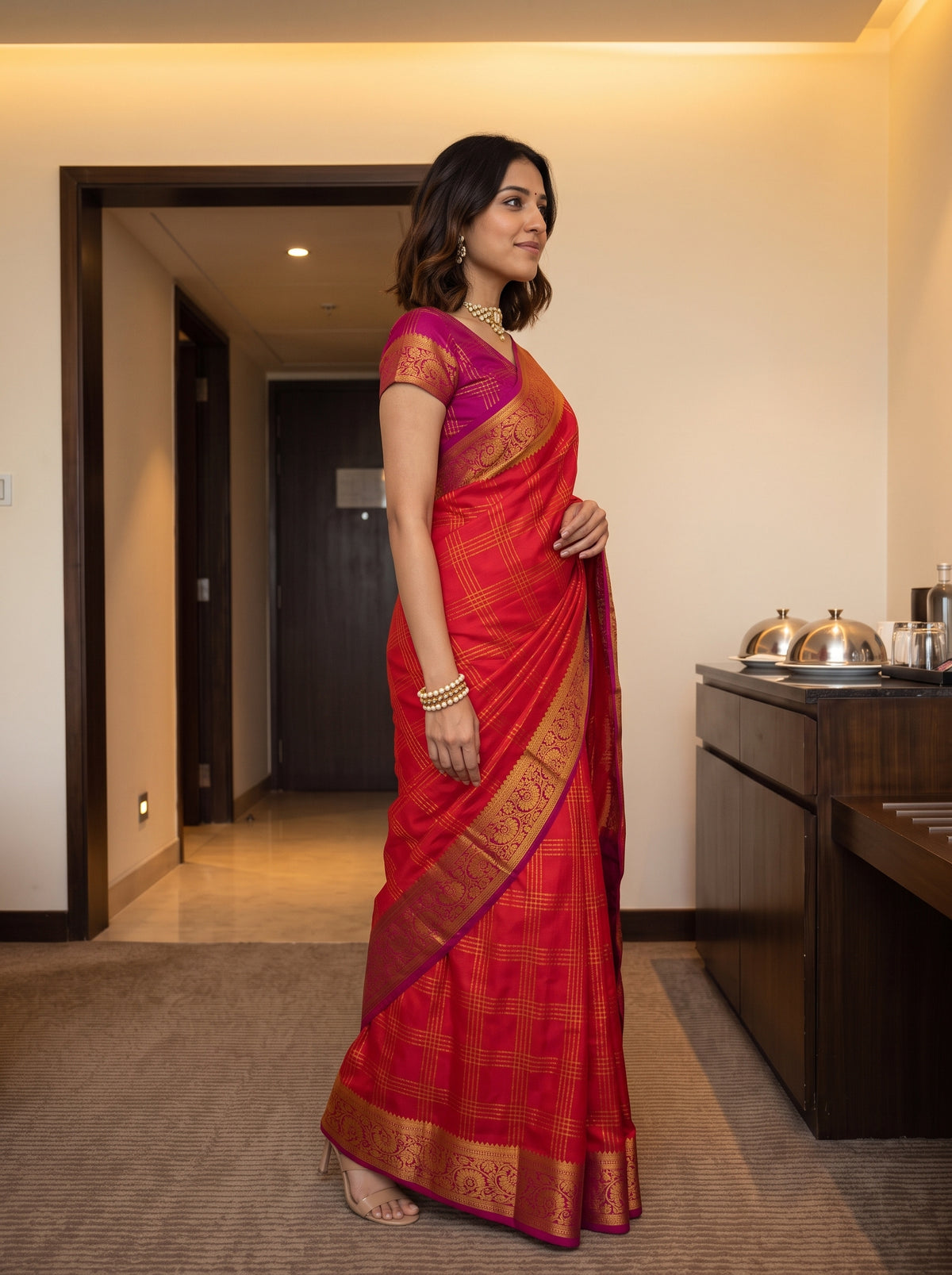 MIMOSA Orange Mysore Silk Crepe Saree — pose 3 styling detail