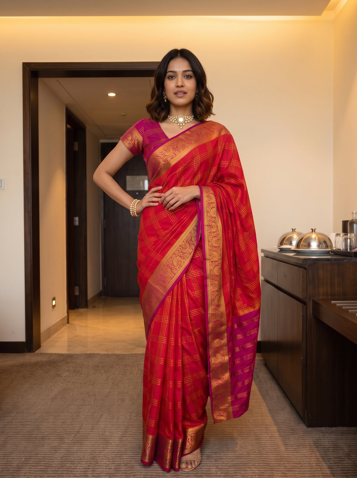 MIMOSA Orange Mysore Silk Crepe Saree — pose 4 styling detail