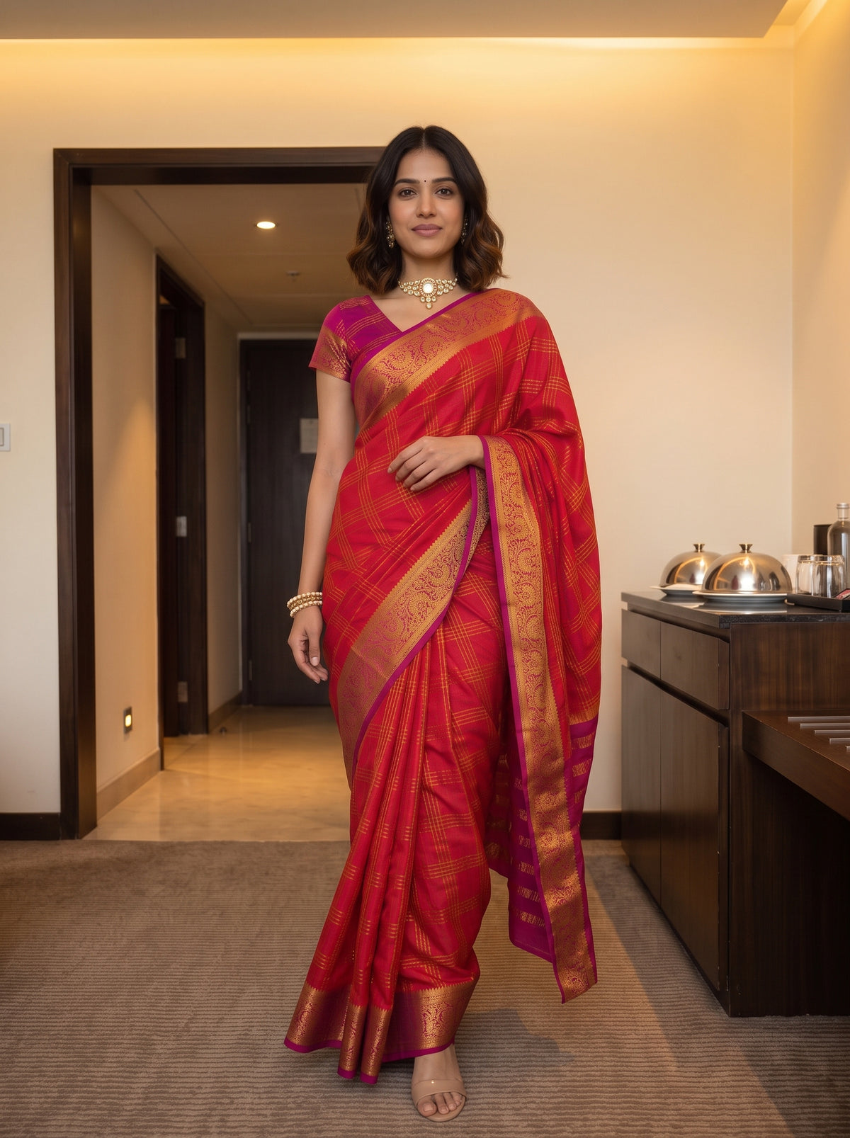 MIMOSA Orange Mysore Silk Crepe Saree — pose 6 styling detail