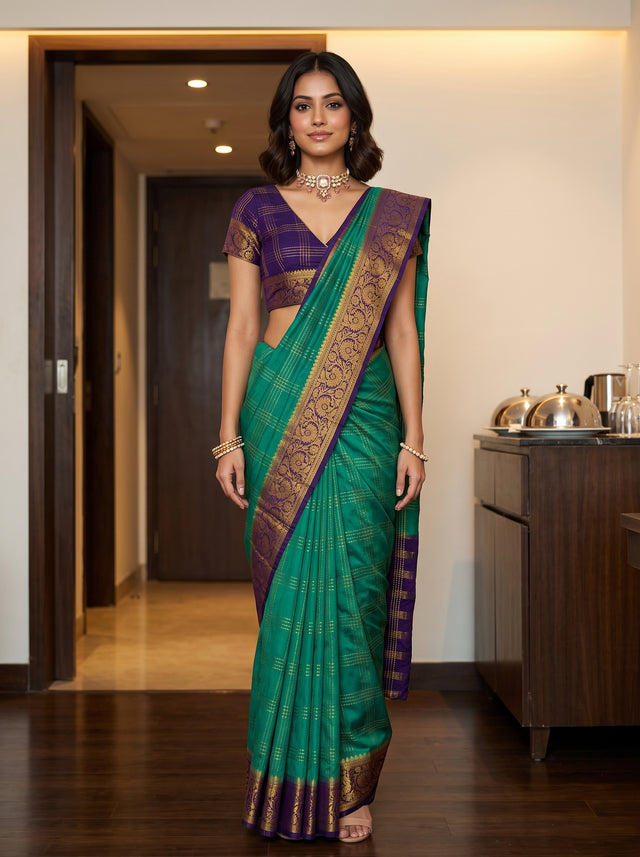 MIMOSA Rama Mysore Silk Crepe Saree — AI Model lifestyle pose 1