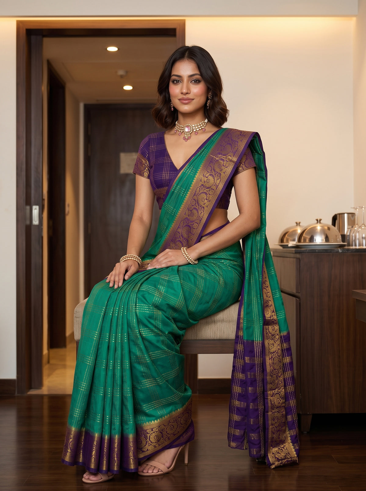 MIMOSA Rama Mysore Silk Crepe Saree — pose 8 styling detail