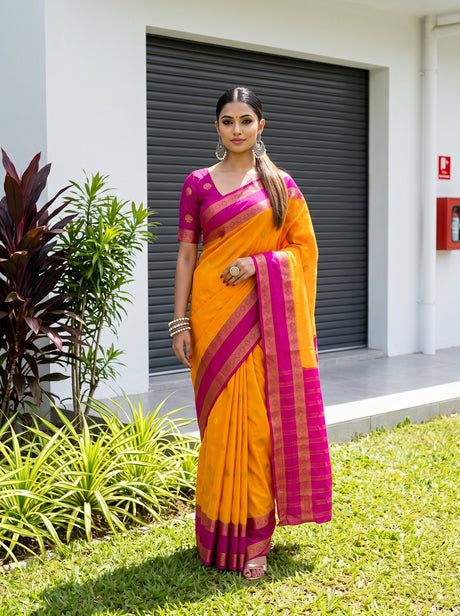 MIMOSA Gold Mysore Silk Saree — front view on mannequin