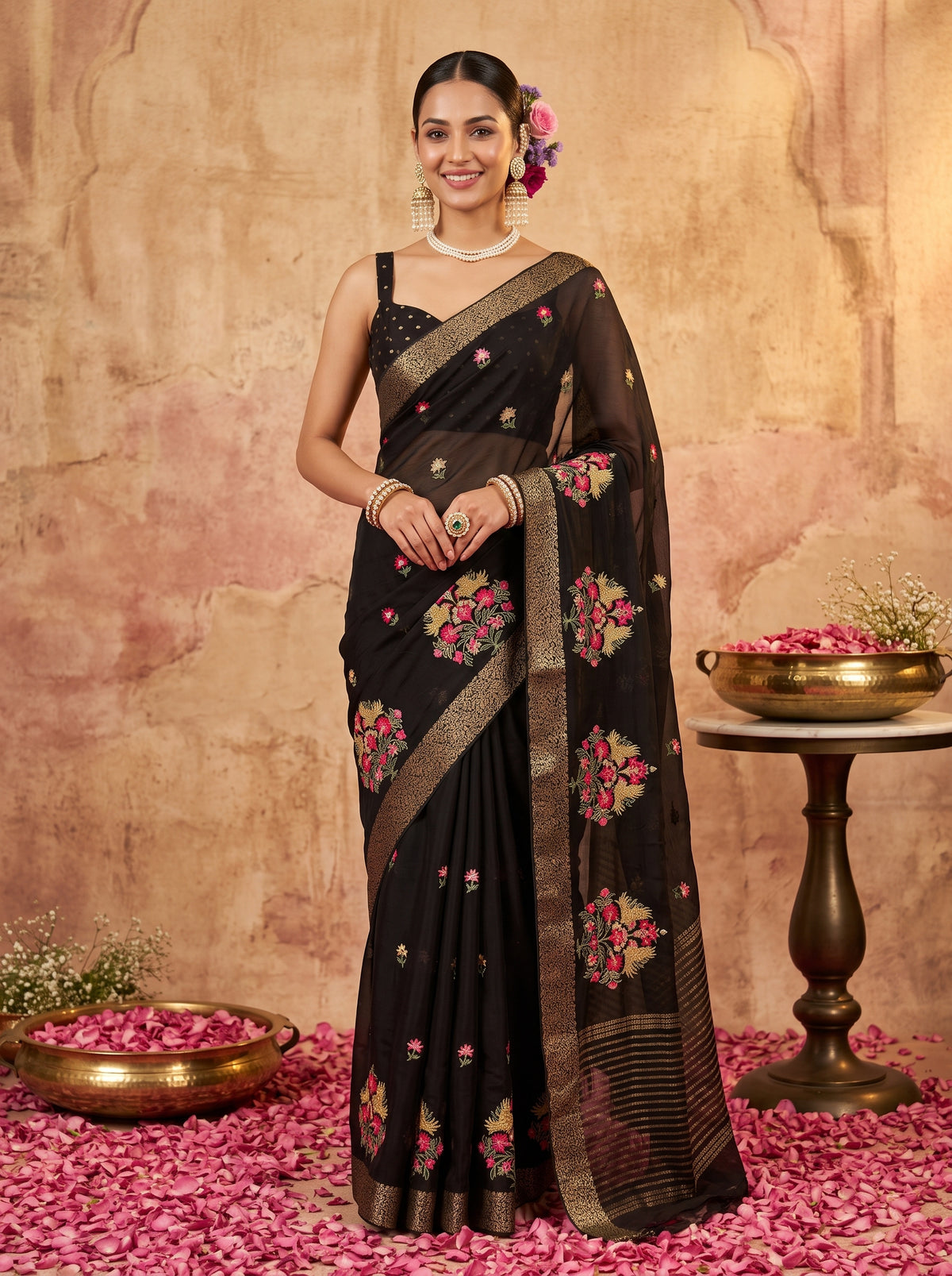 MIMOSA Black Jaipur Saree — front view on mannequin