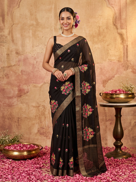 MIMOSA Black Jaipur Saree — front view on mannequin