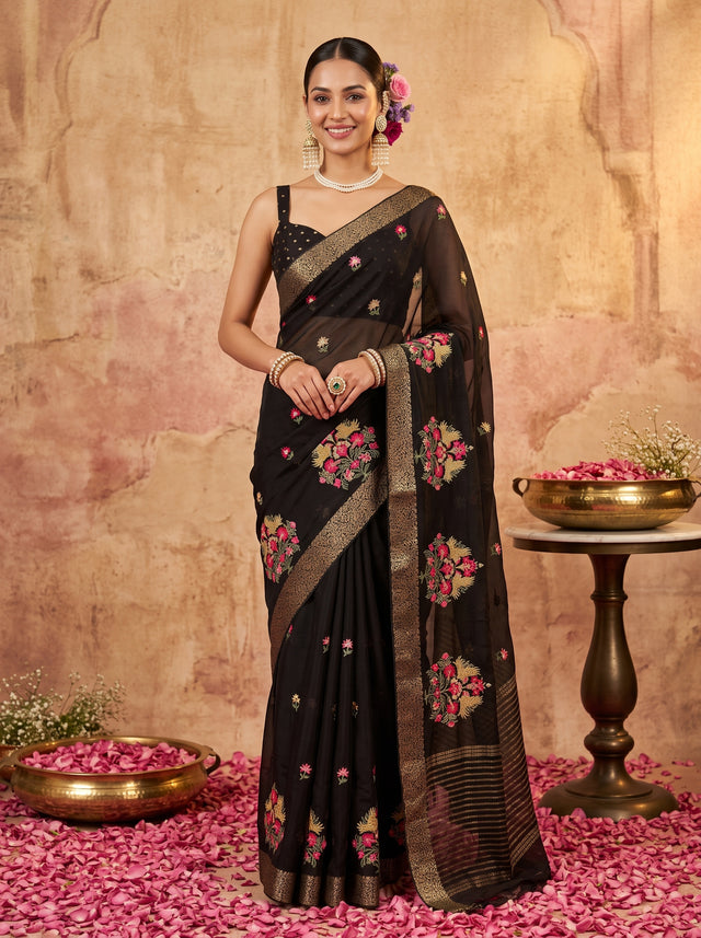 MIMOSA Black Jaipur Saree — front view on mannequin