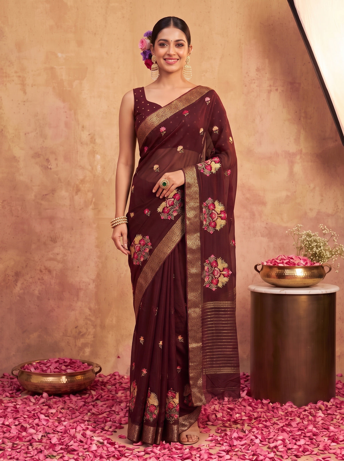 MIMOSA Chocolate Jaipur Saree — front view on mannequin