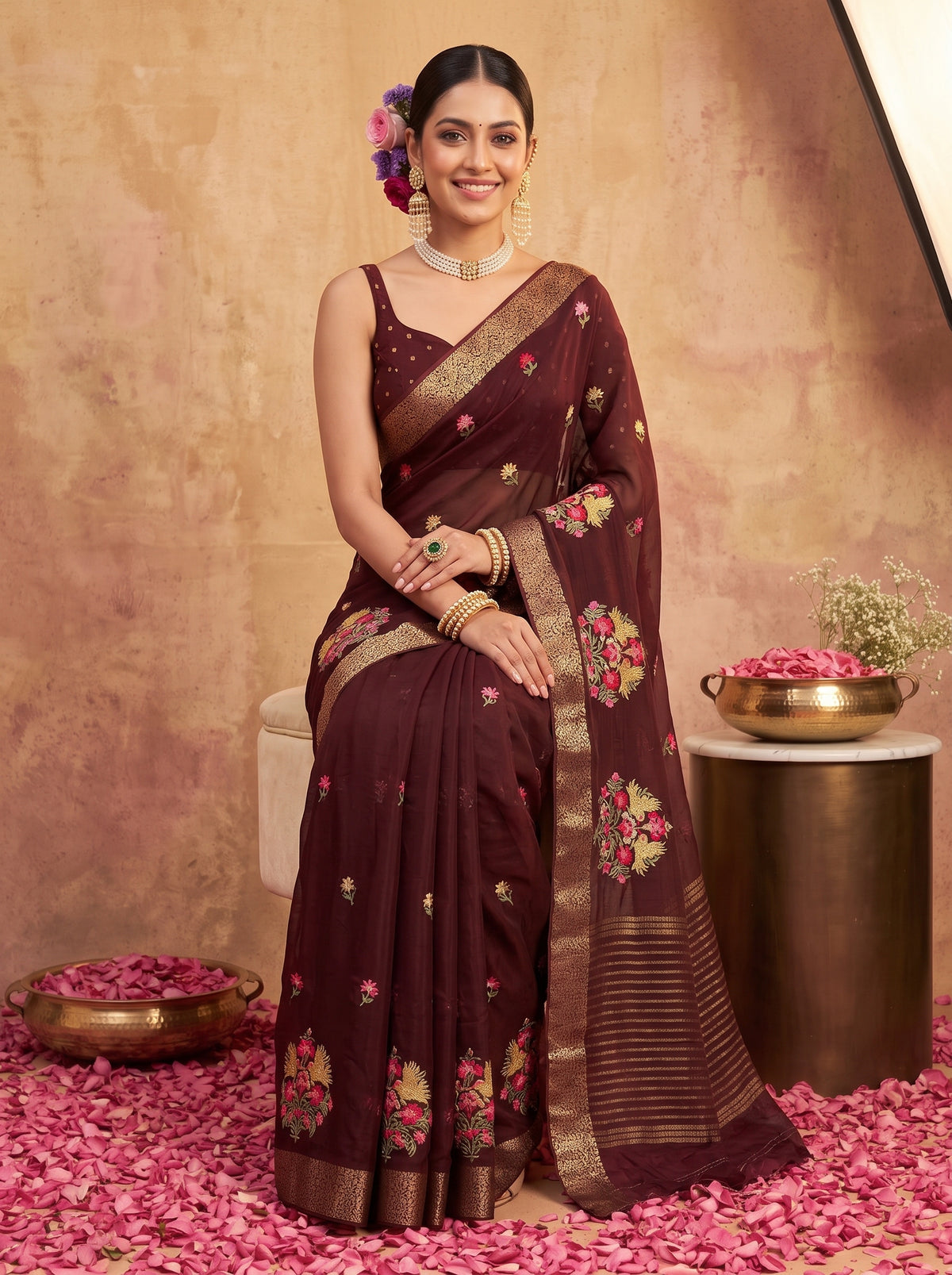 MIMOSA Chocolate Jaipur Saree — pose 8 styling detail