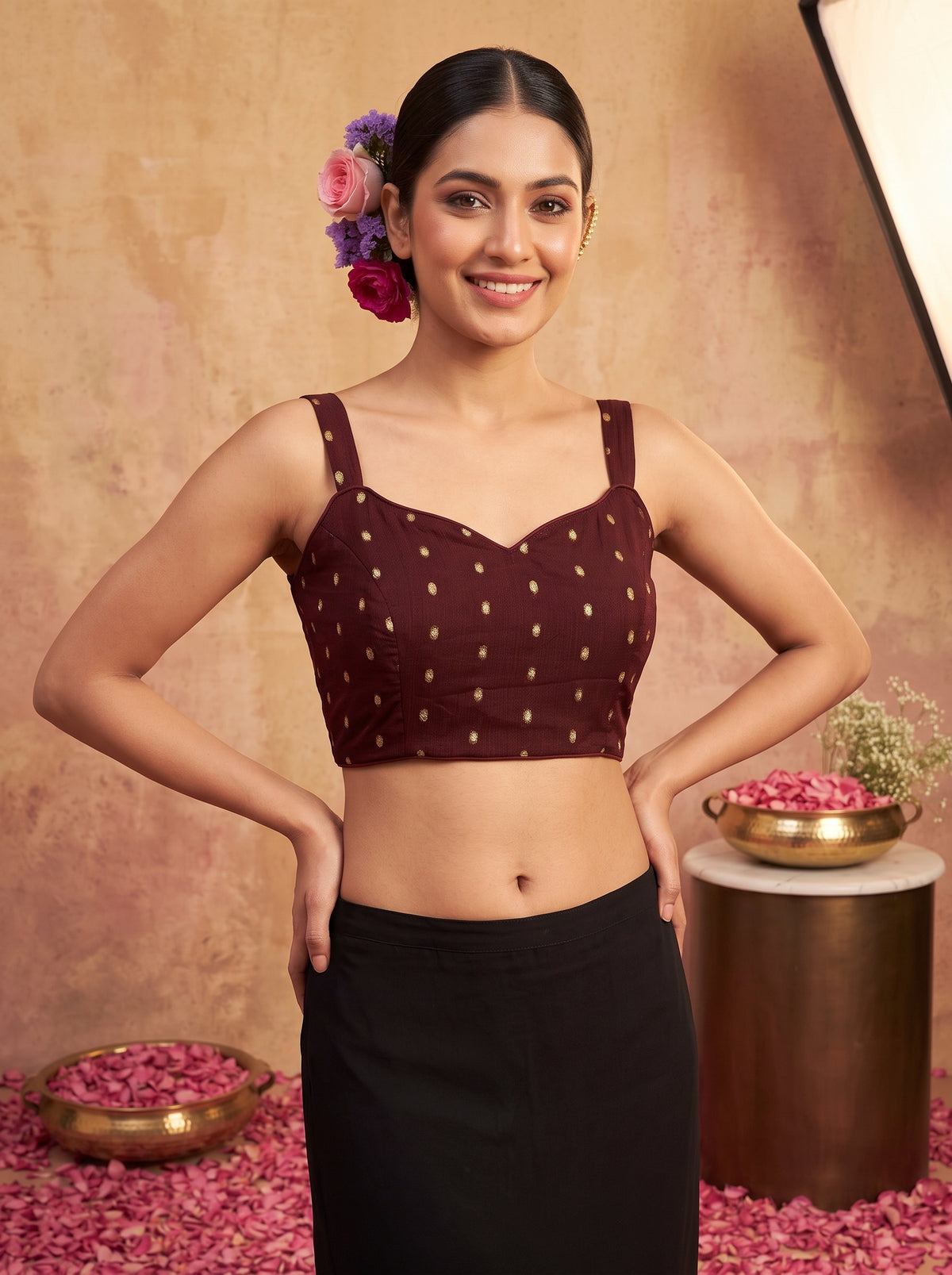 MIMOSA Chocolate Jaipur Saree — blouse close-up