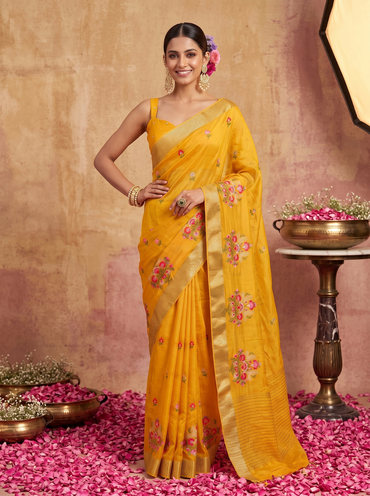 MIMOSA Gold Jaipur Saree — pose 4 styling detail