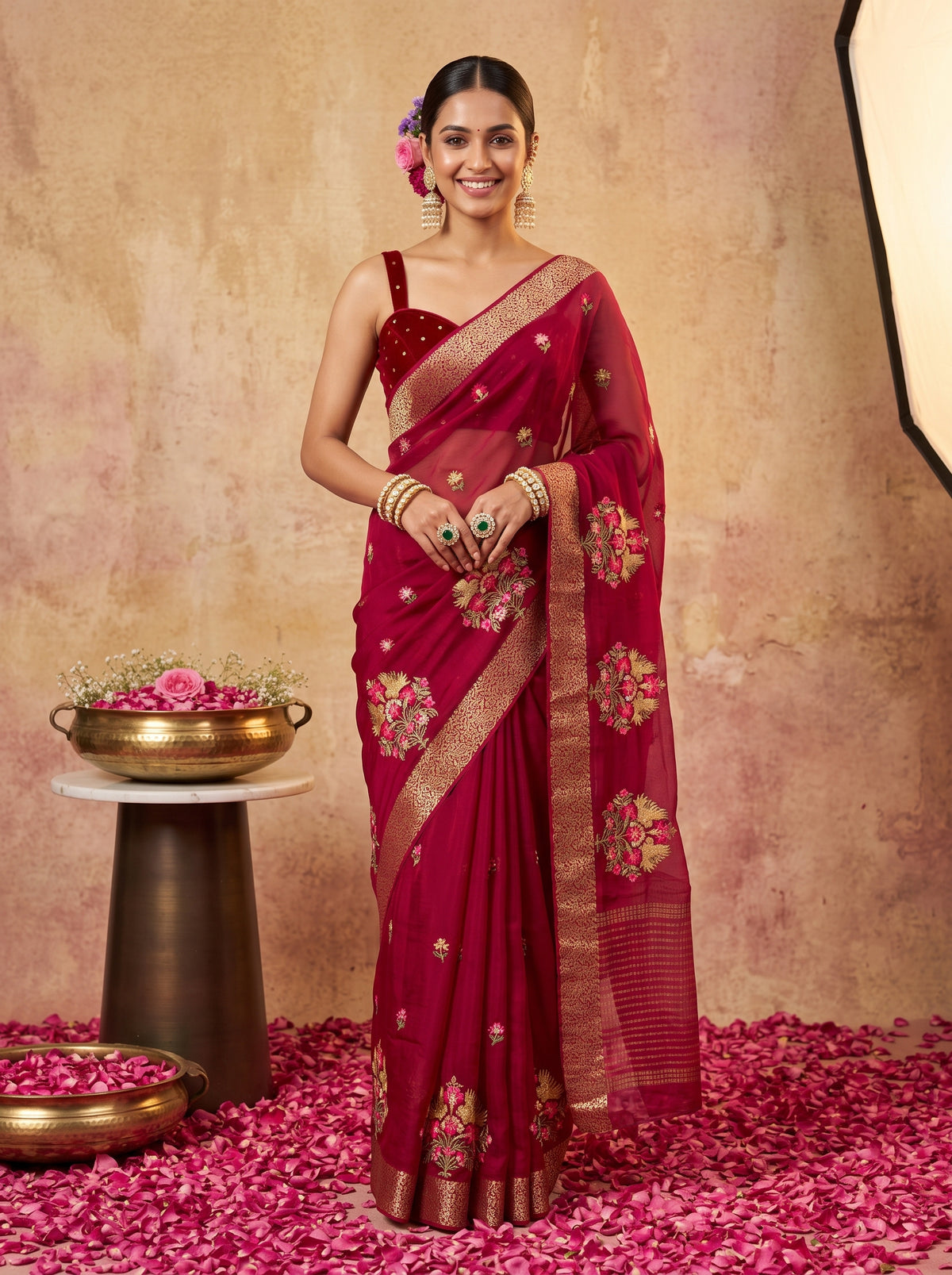 MIMOSA Maroon Jaipur Saree — front view on mannequin