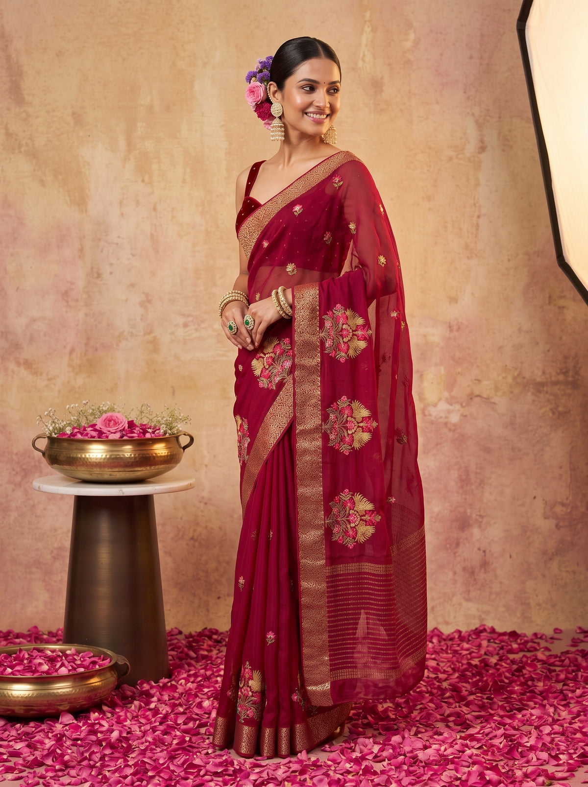MIMOSA Maroon Jaipur Saree — pose 5 styling detail
