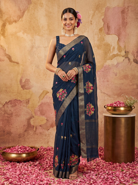 MIMOSA Navy Jaipur Saree — front view on mannequin