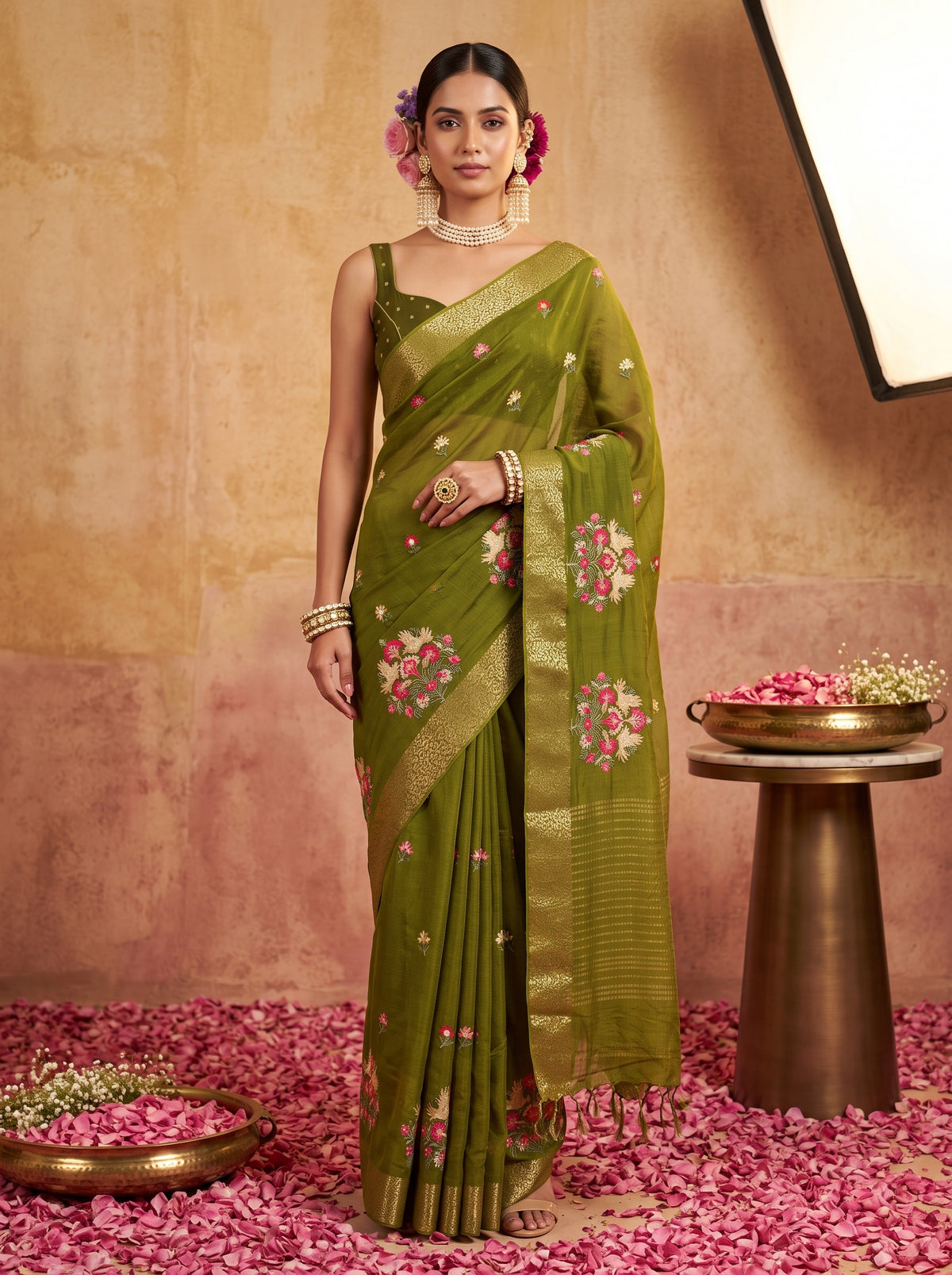 MIMOSA Olive Jaipur Saree — front view on mannequin