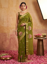 MIMOSA Olive Jaipur Saree — front view on mannequin