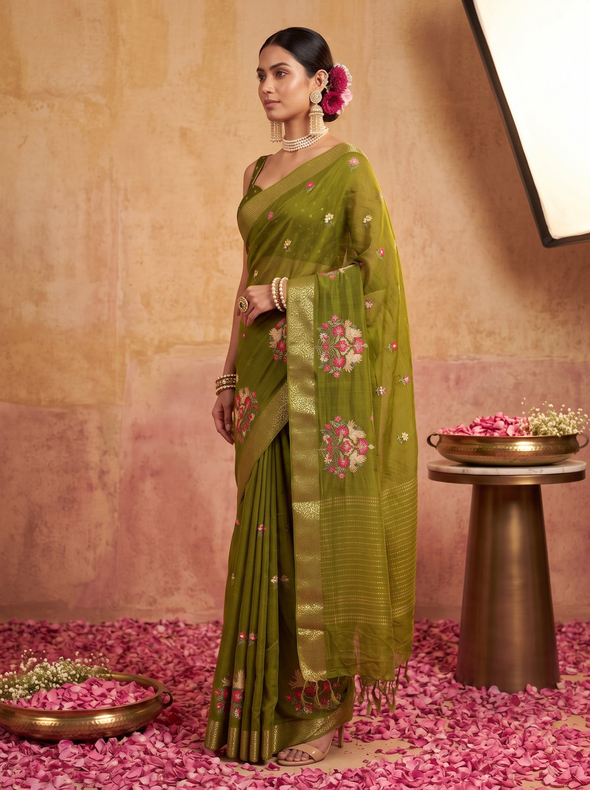 MIMOSA Olive Jaipur Saree — pose 3 styling detail