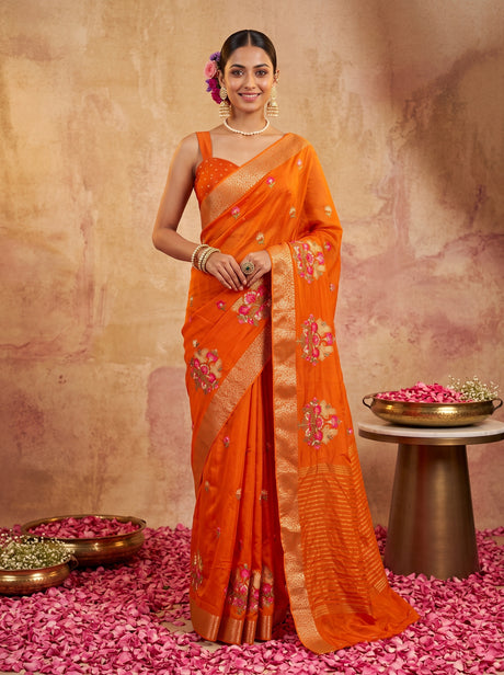 MIMOSA Orange Jaipur Saree — front view on mannequin