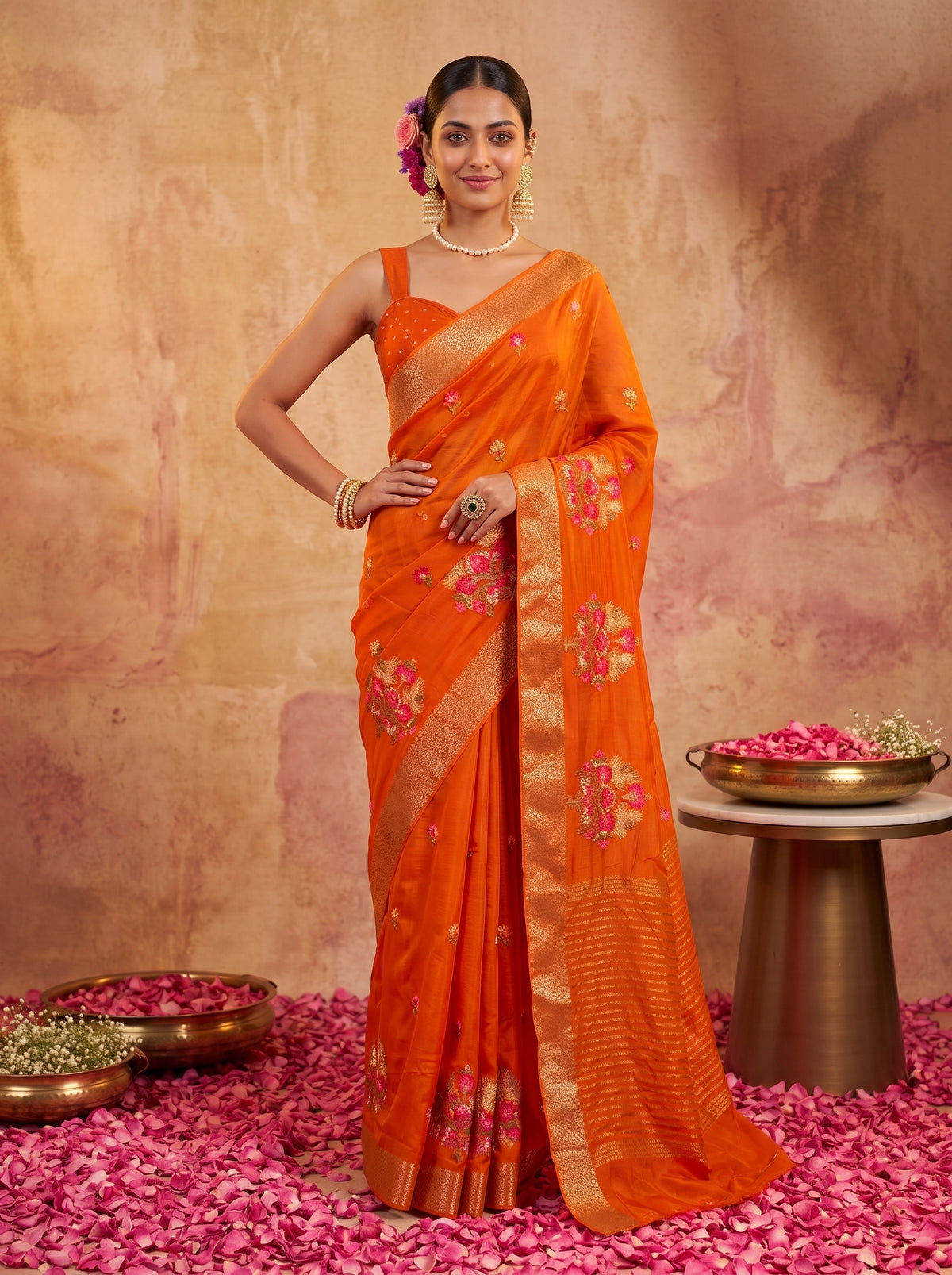 MIMOSA Orange Jaipur Saree — pose 4 styling detail