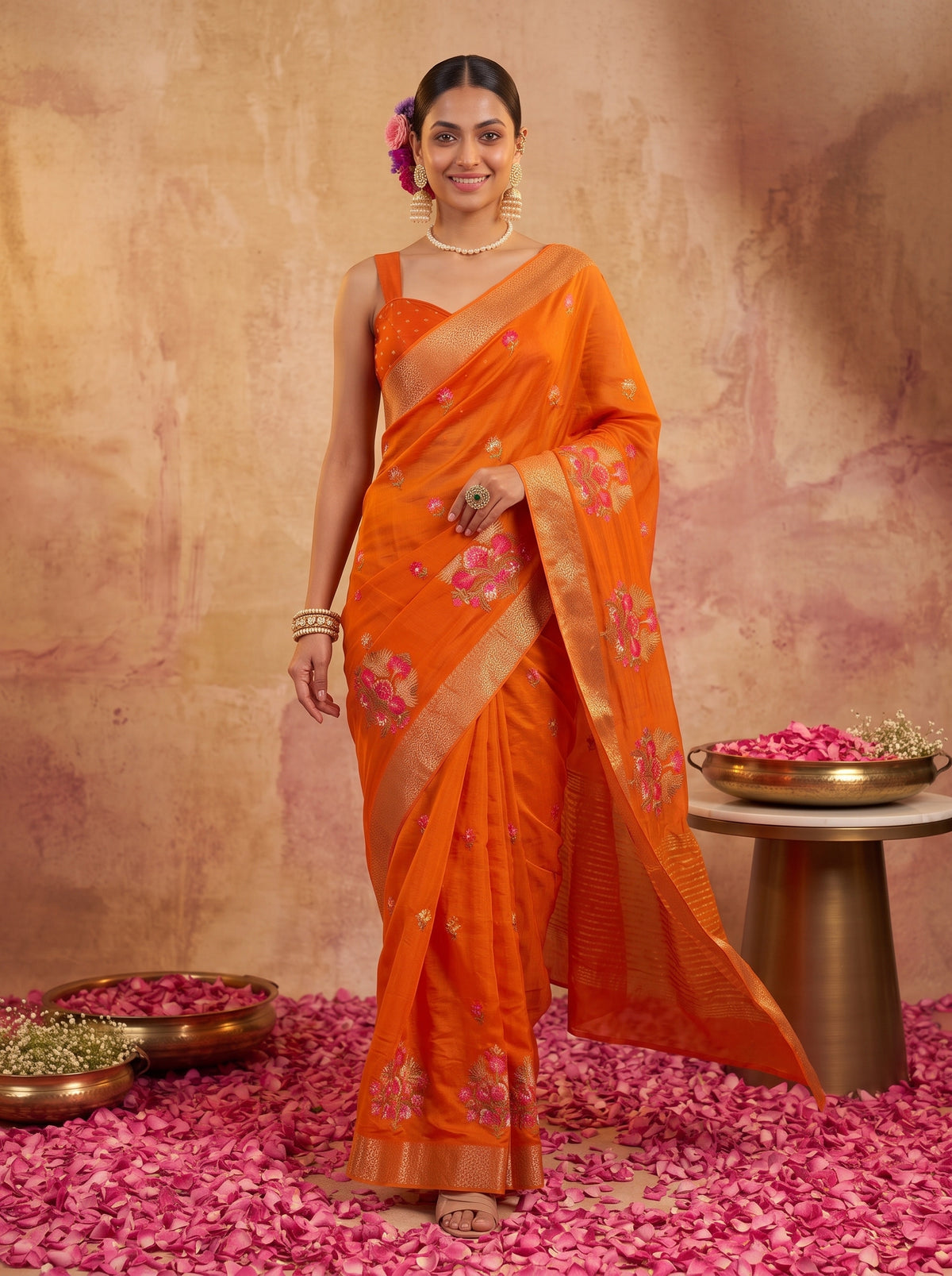 MIMOSA Orange Jaipur Saree — pose 6 styling detail