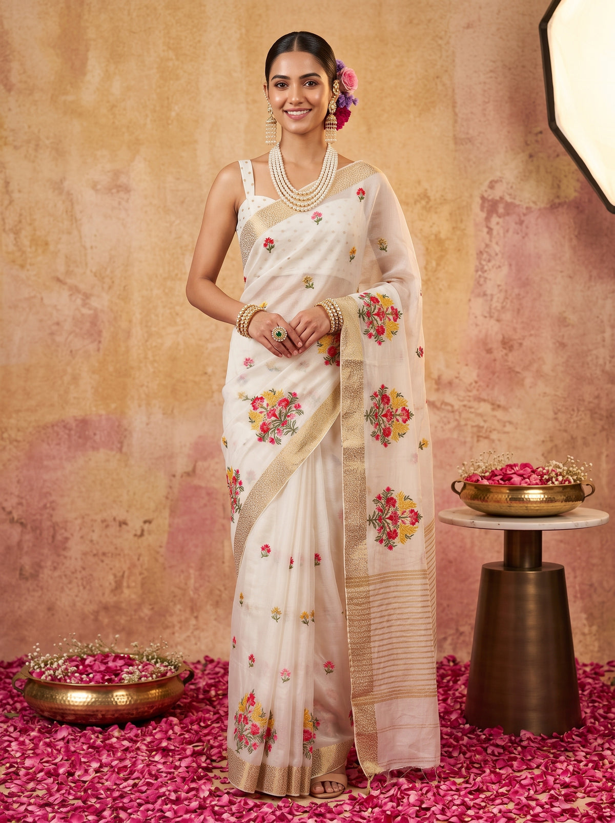 MIMOSA White Jaipur Saree — front view on mannequin
