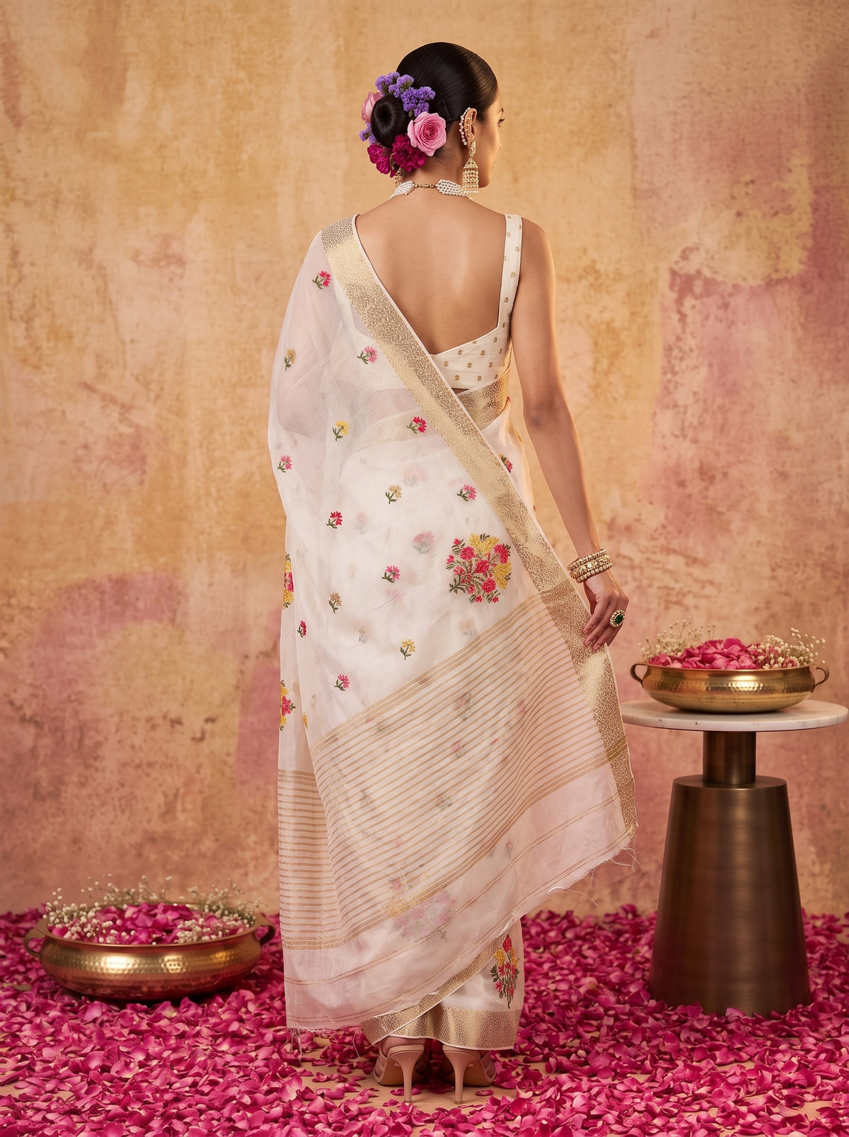 MIMOSA White Jaipur Saree — pose 2 styling detail