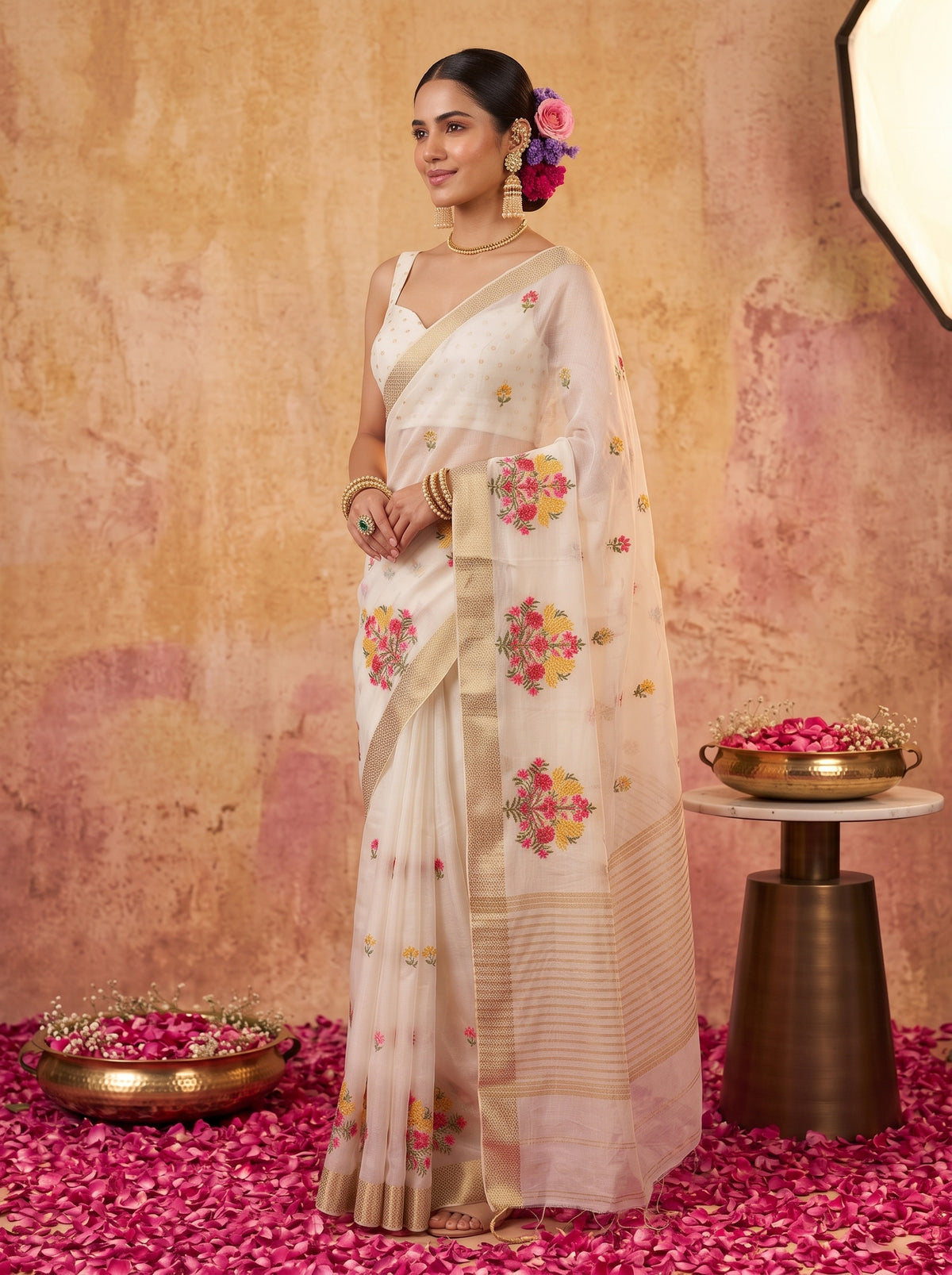 MIMOSA White Jaipur Saree — pose 3 styling detail