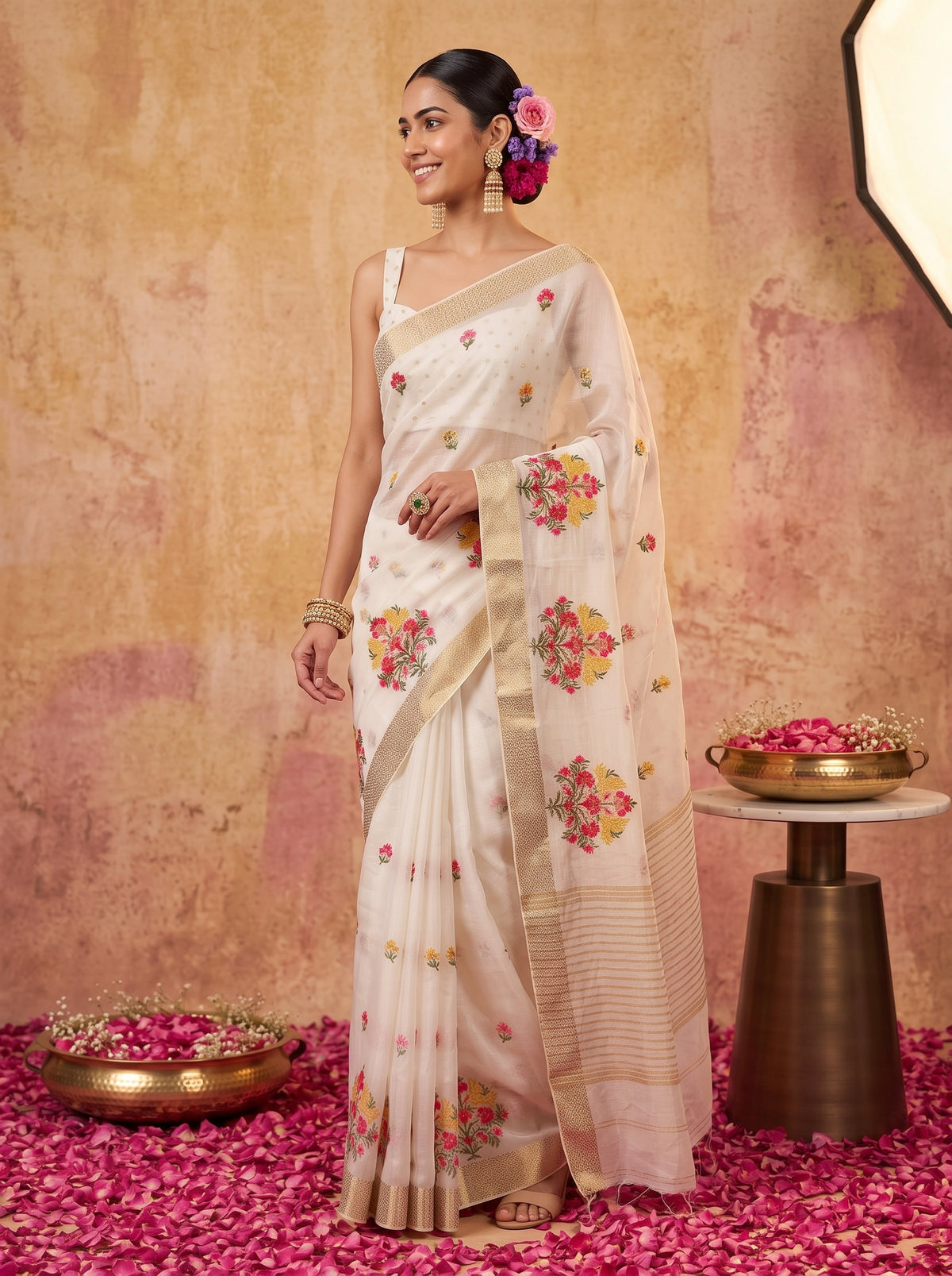 MIMOSA White Jaipur Saree — pose 5 styling detail