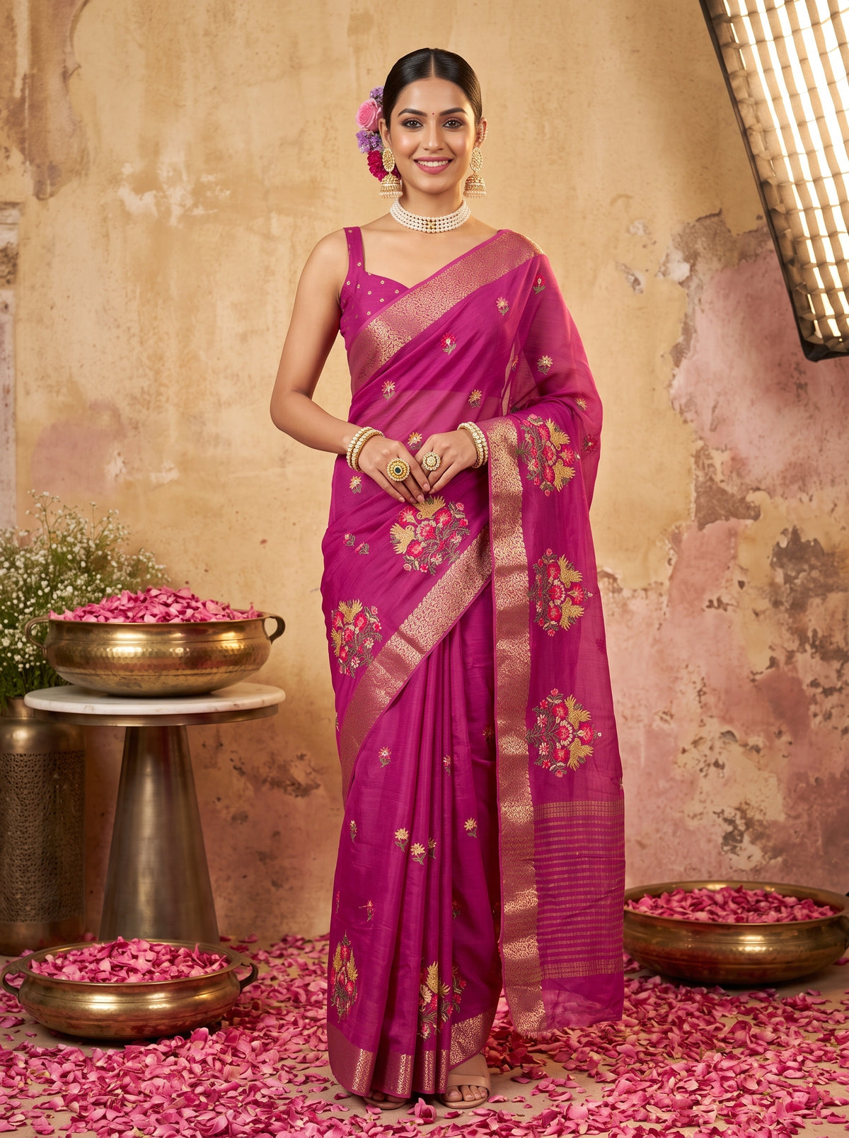 MIMOSA Wine Jaipur Saree — front view on mannequin