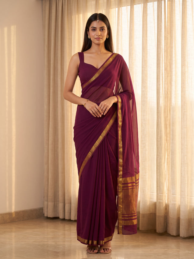 MIMOSA Wine Mysore Silk Crepe Saree — AI Model lifestyle pose