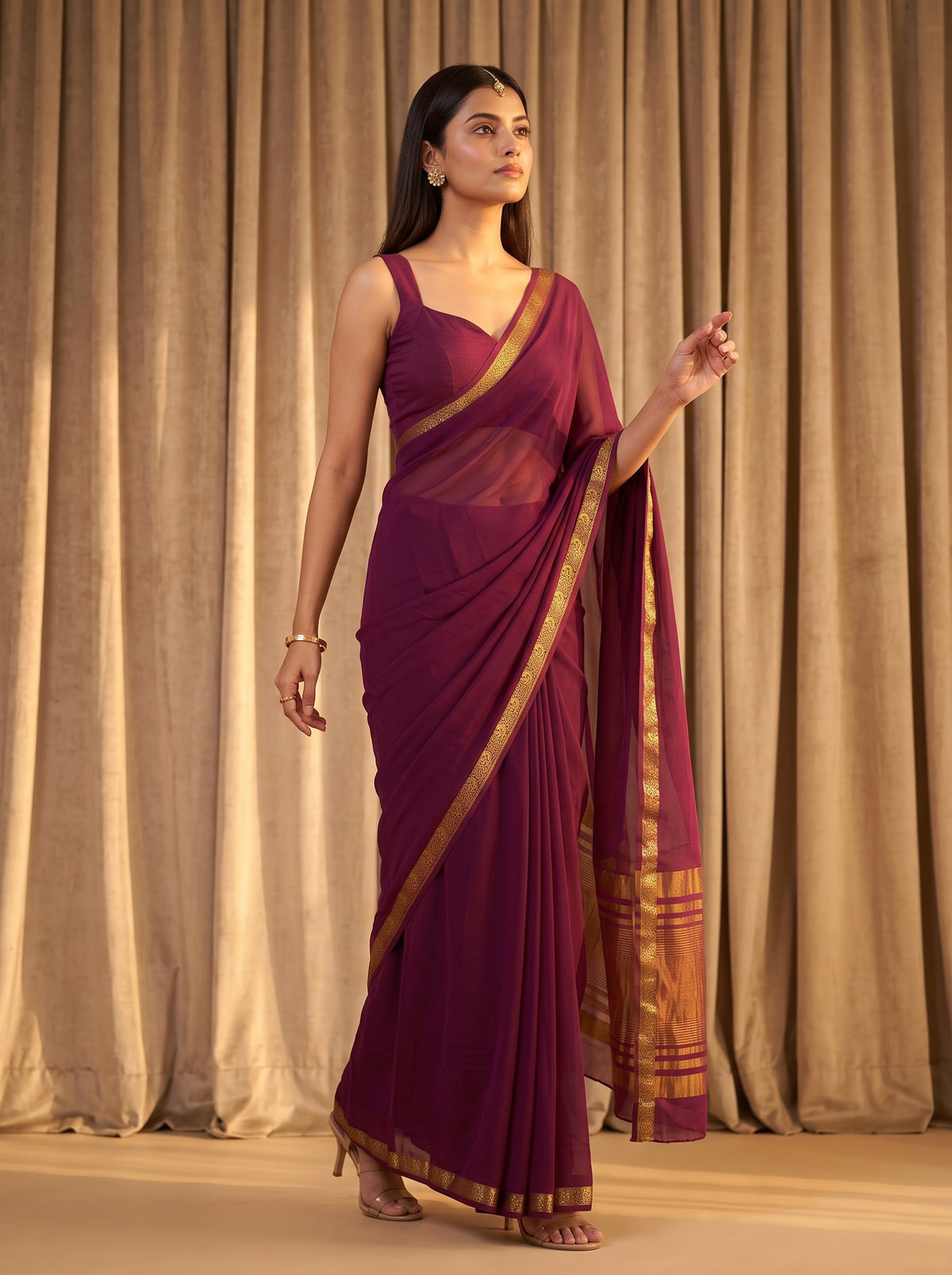 MIMOSA Wine Mysore Silk Crepe Saree — pose 5 styling detail