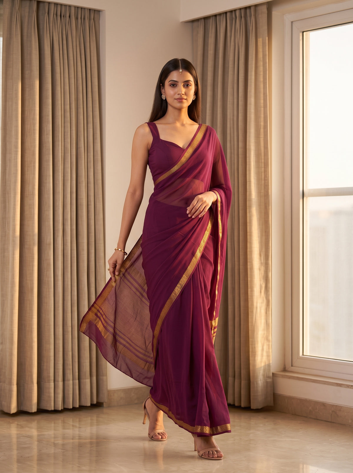 MIMOSA Wine Mysore Silk Crepe Saree — pose 6 styling detail