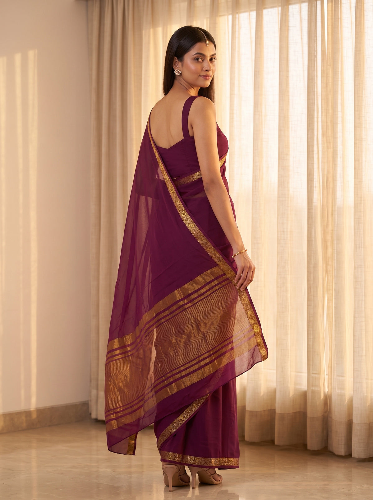 MIMOSA Wine Mysore Silk Crepe Saree — pose 7 styling detail