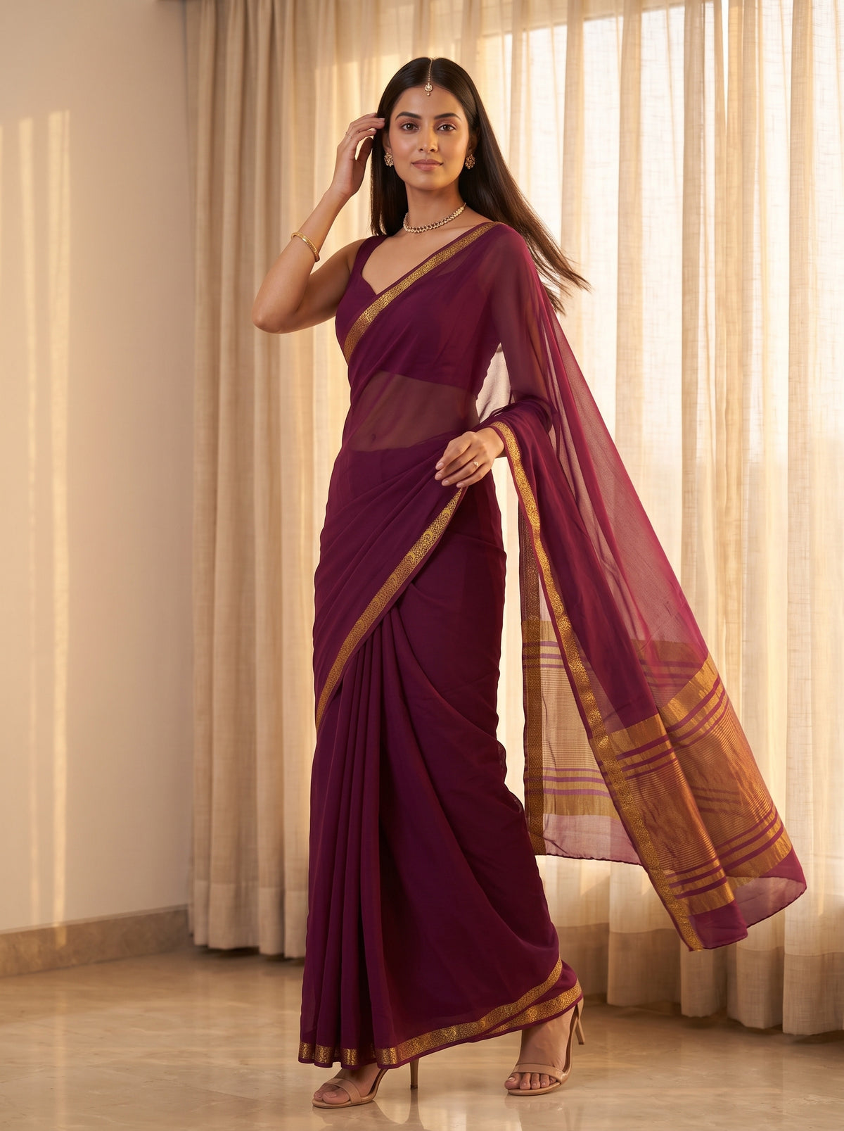MIMOSA Wine Mysore Silk Crepe Saree — pose 9 styling detail
