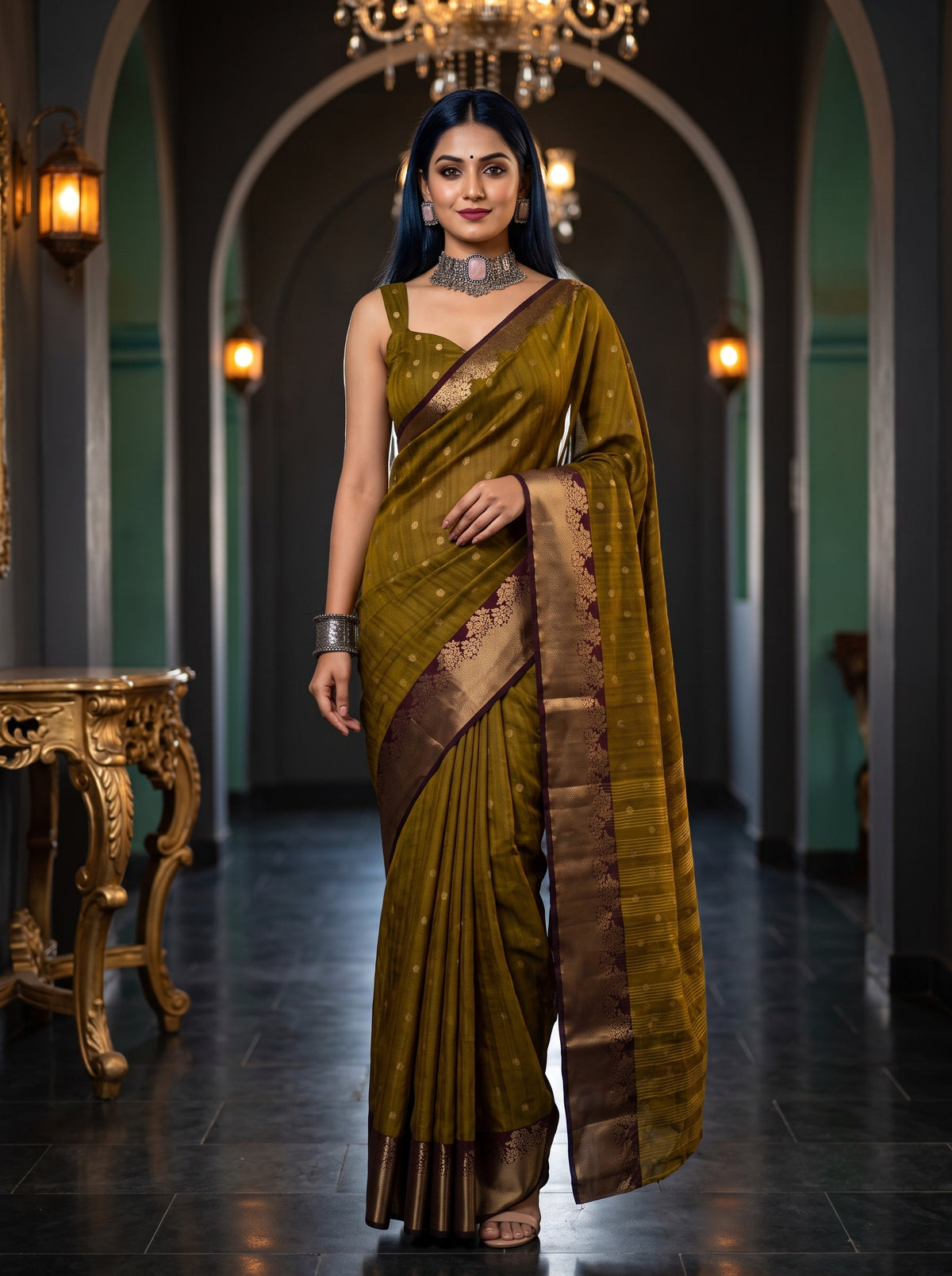MIMOSA Chocolate Banarasi Raw Silk Saree — Model wearing saree