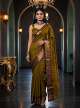 MIMOSA Chocolate Banarasi Raw Silk Saree — Model wearing saree