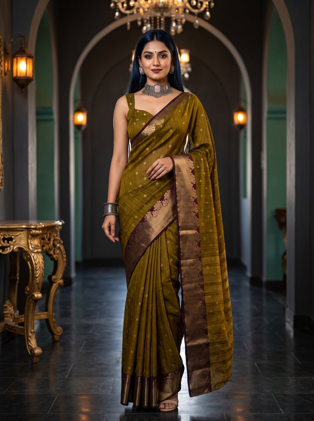 MIMOSA Chocolate Banarasi Raw Silk Saree — Model wearing saree