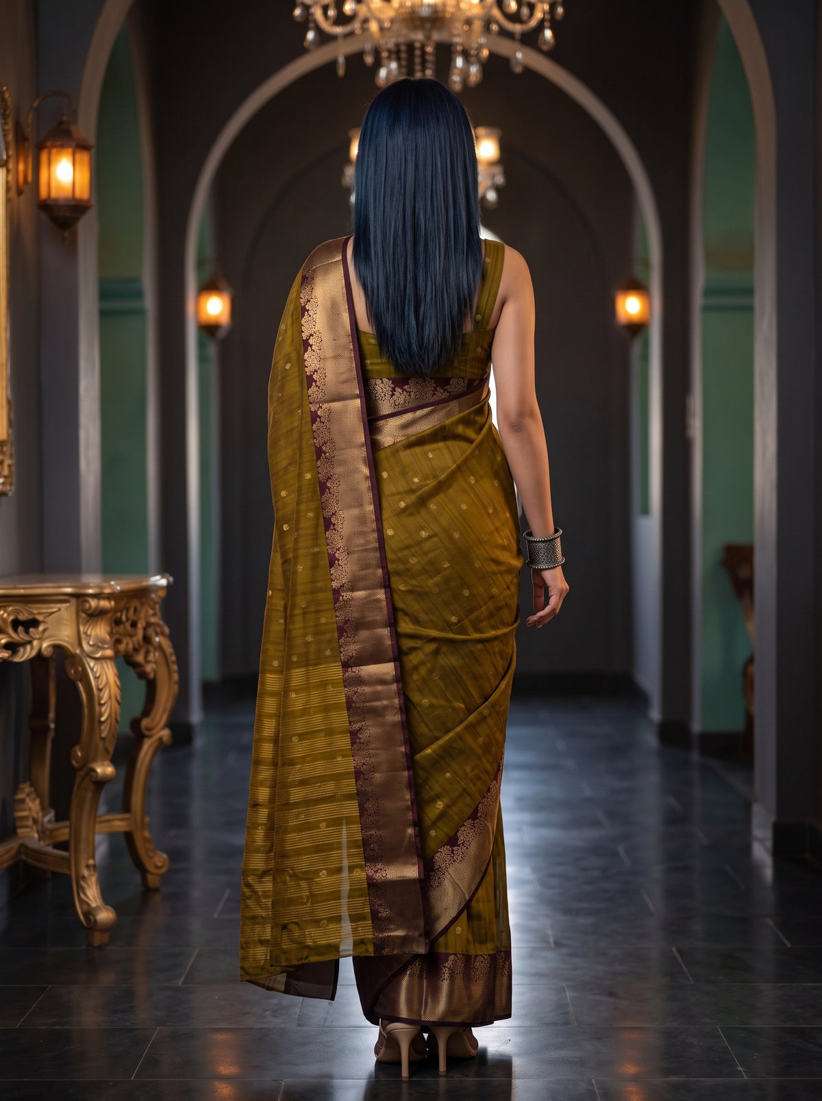 MIMOSA Chocolate Banarasi Raw Silk Saree — Saree pallu and body details