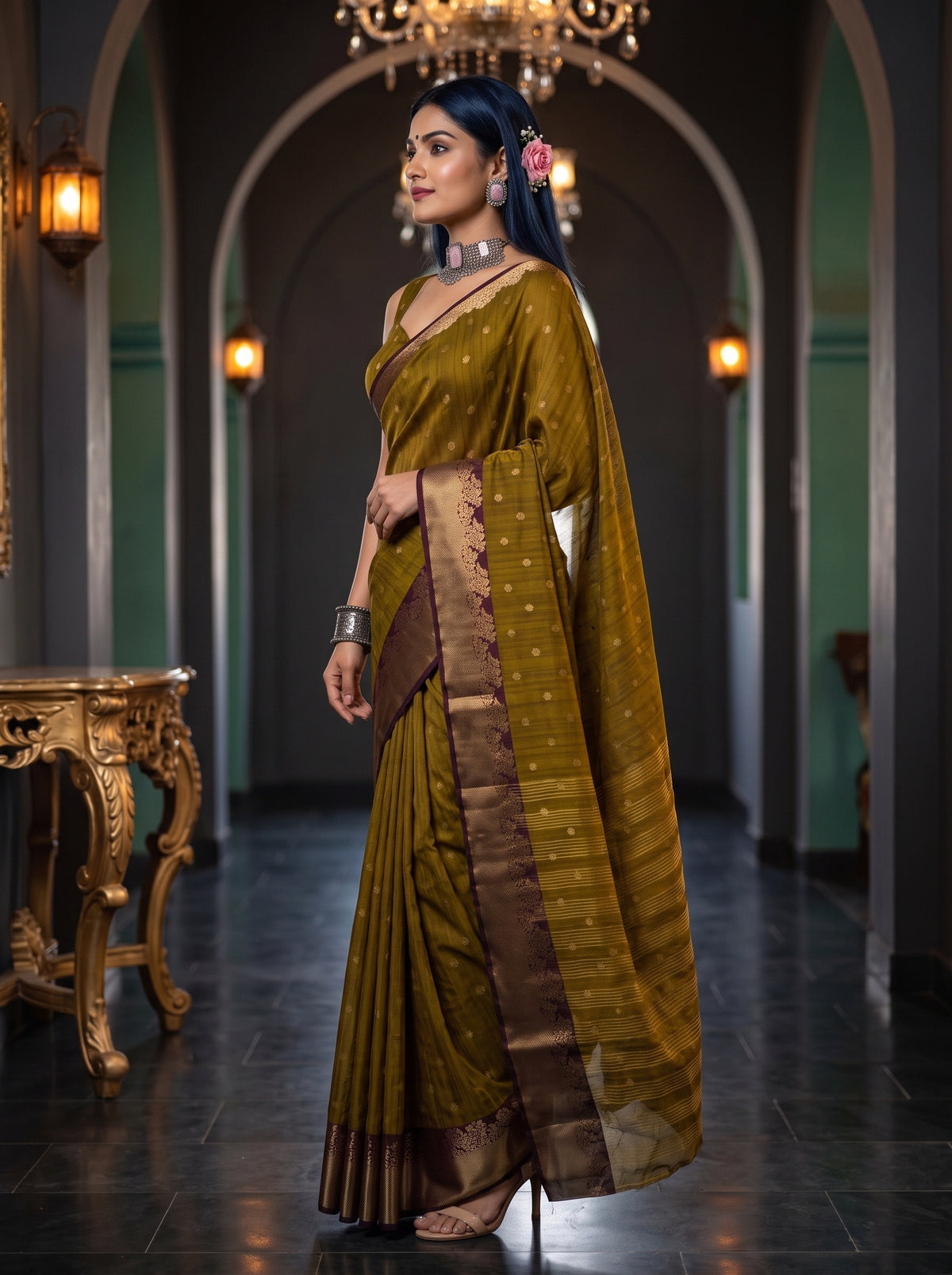 MIMOSA Chocolate Banarasi Raw Silk Saree — pose 3 styling detail