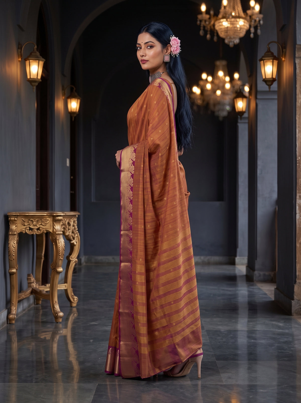 MIMOSA Magenta Banarasi Raw Silk Saree — pose 5 styling detail
