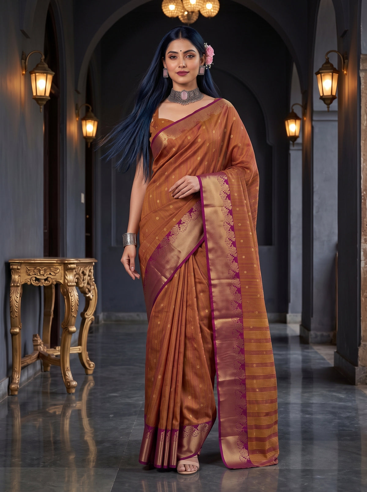 MIMOSA Magenta Banarasi Raw Silk Saree — pose 6 styling detail