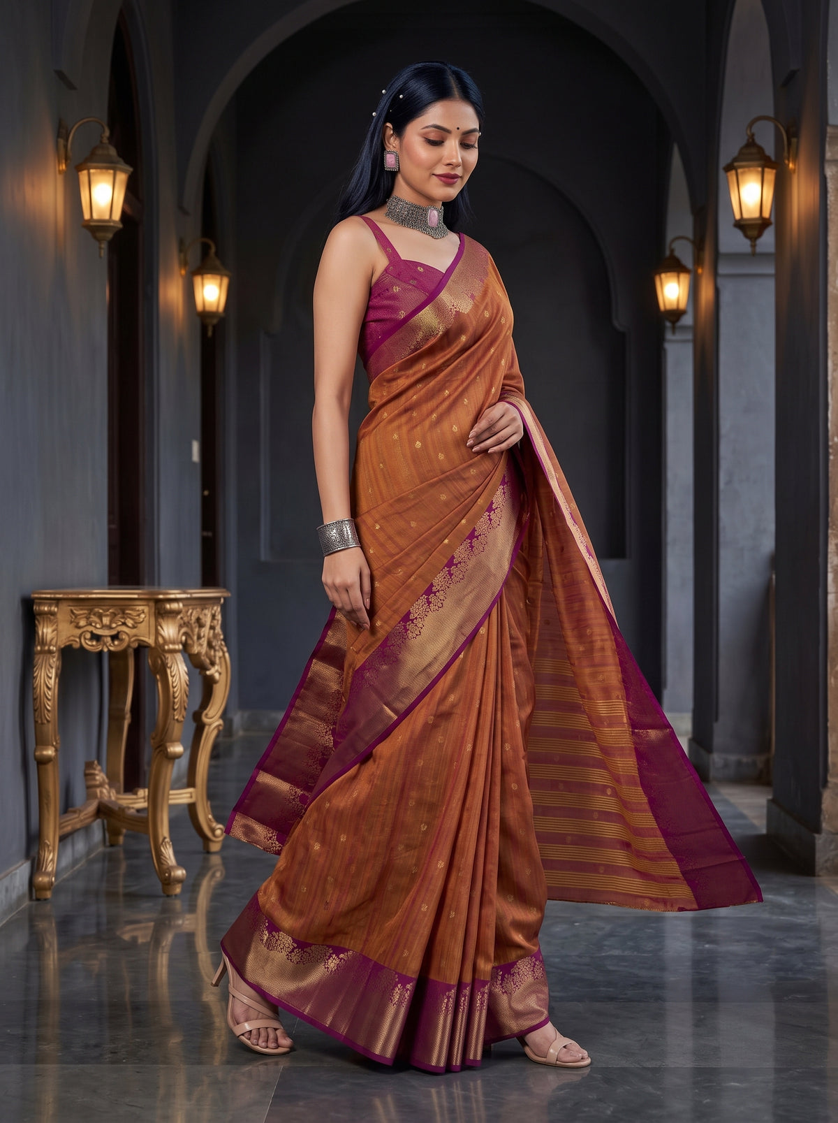 MIMOSA Magenta Banarasi Raw Silk Saree — pose 9 styling detail