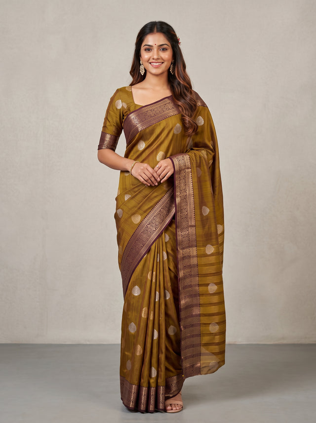 MIMOSA Chocolate Banarasi Saree — front view on mannequin