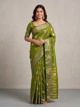 MIMOSA Olive Banarasi Saree — front view on mannequin
